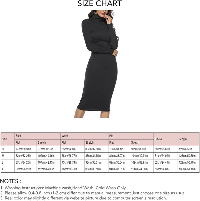 woobles Turtleneck Knit Sweater Stretch Dress, Solid Color Elastic Basic Turtleneck Ribbed Sweater Dress for Winter for Party Date XL - Image 2